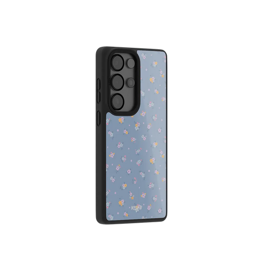 Pastel blue floral Samsung Galaxy case at a side angle showing the wrapped button covers