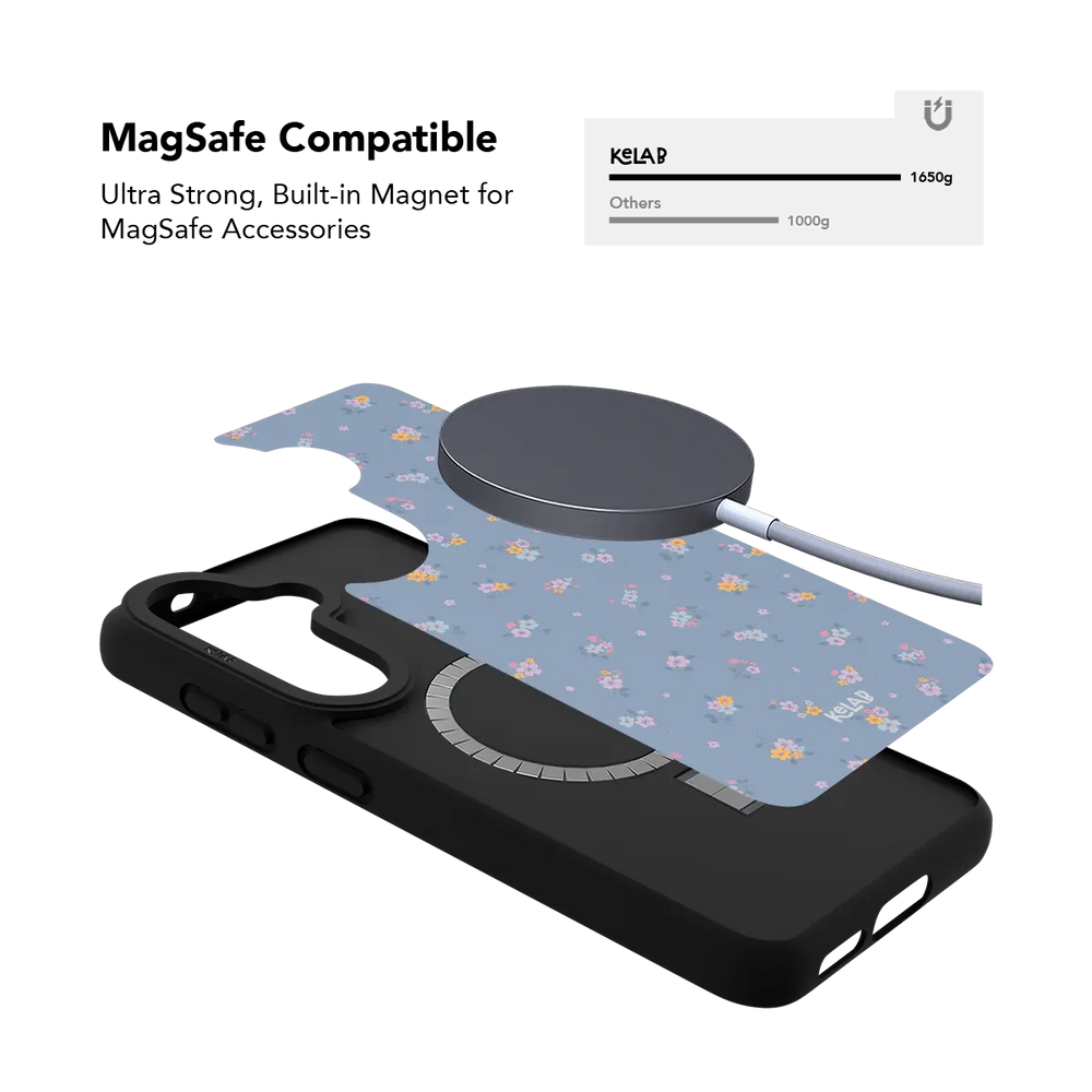 Pastel blue floral Samsung Galaxy case holding a magnetic wireless charger through the built in ring