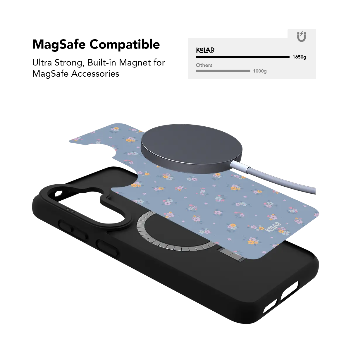Pastel blue floral Samsung Galaxy case holding a magnetic wireless charger through the built in ring
