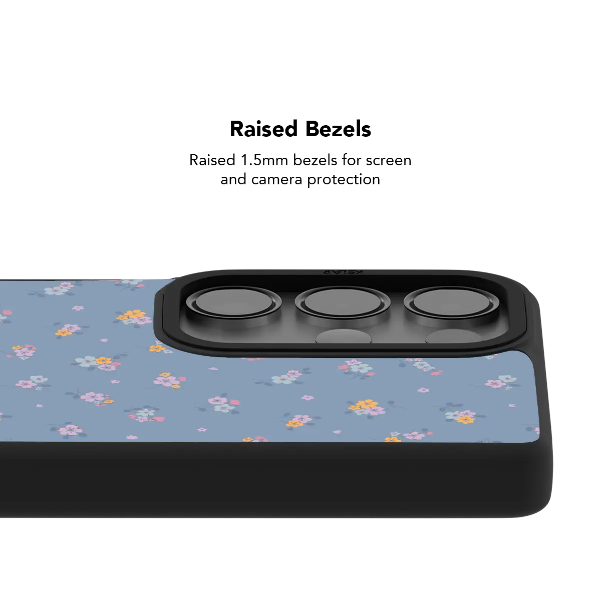 Raised bezel on the pastel blue floral Galaxy case lifting the camera lenses clear of a flat surface