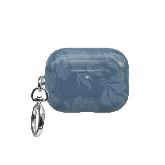 Dusty Blue Floral airpods pro case front view with closed lid and keychain