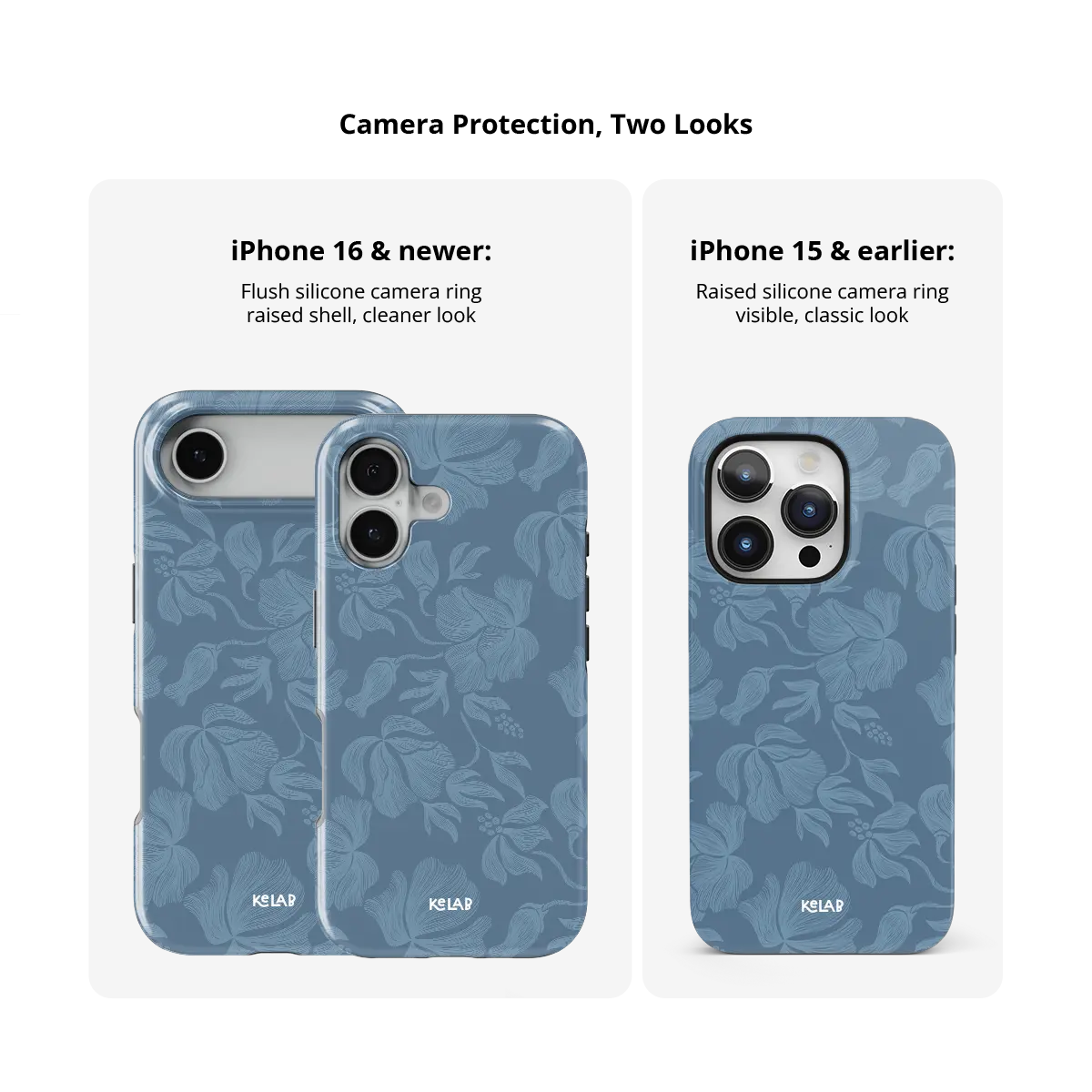 Dusty blue floral Tough iPhone case, size compared across iPhone 15-18 models.
