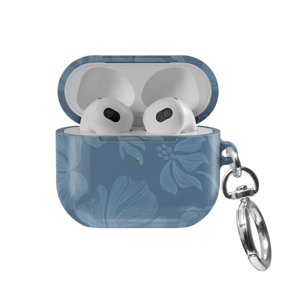 Cerulean AirPods case — front view with lid open, showing dusty blue botanical sketch pattern and AirPods nested inside