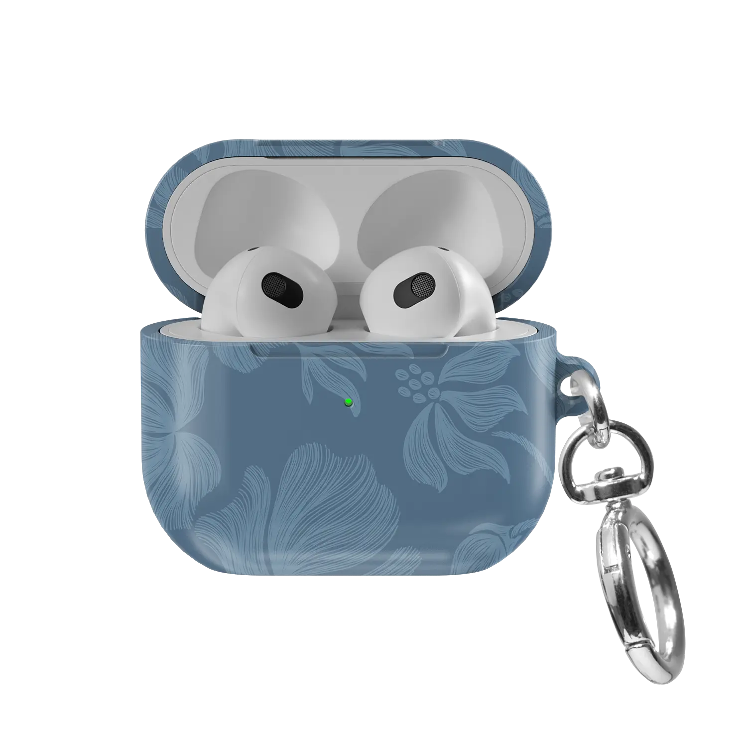 Cerulean AirPods case — front view with lid open, showing dusty blue botanical sketch pattern and AirPods nested inside