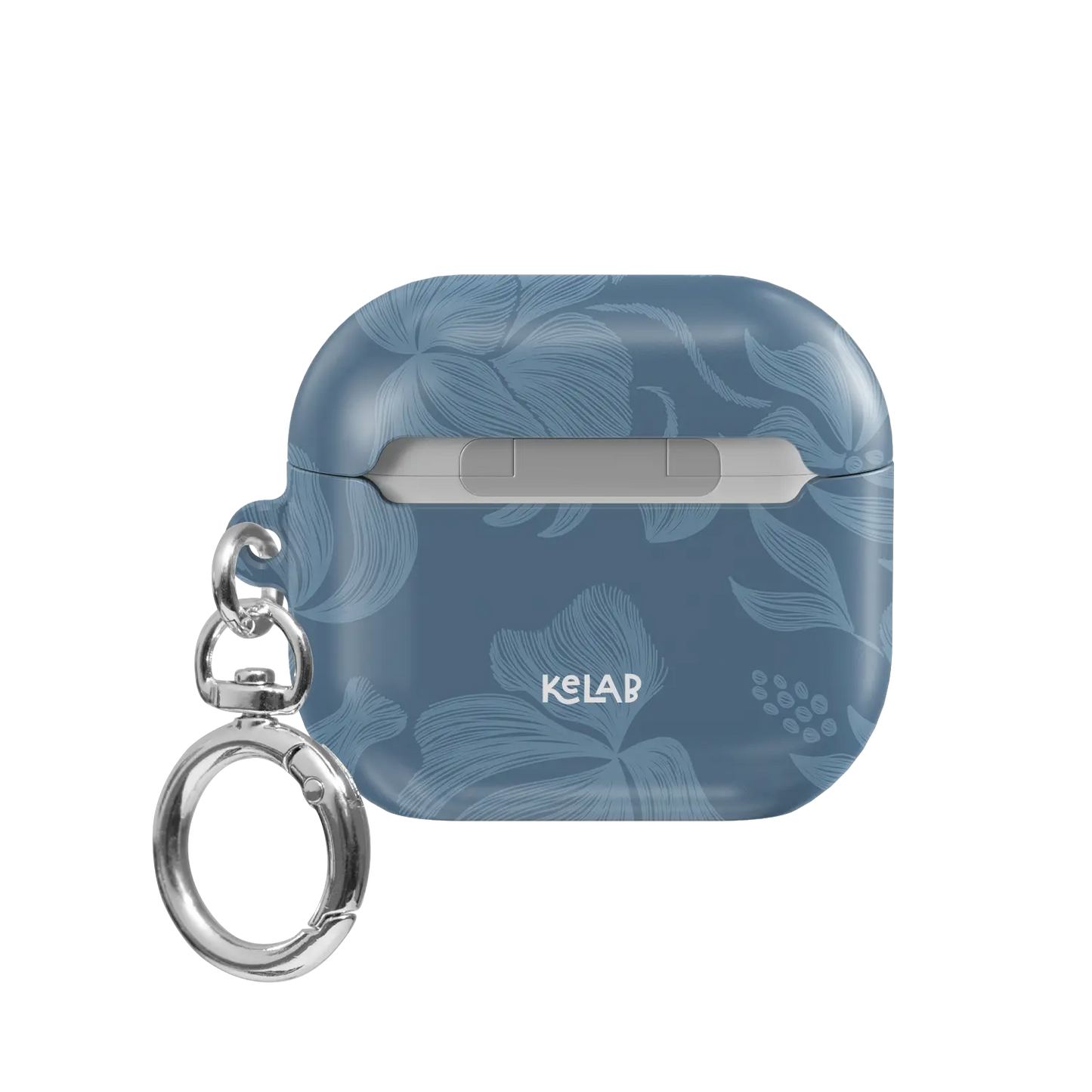 Cerulean AirPods case — back view showing tonal dusty blue botanical print