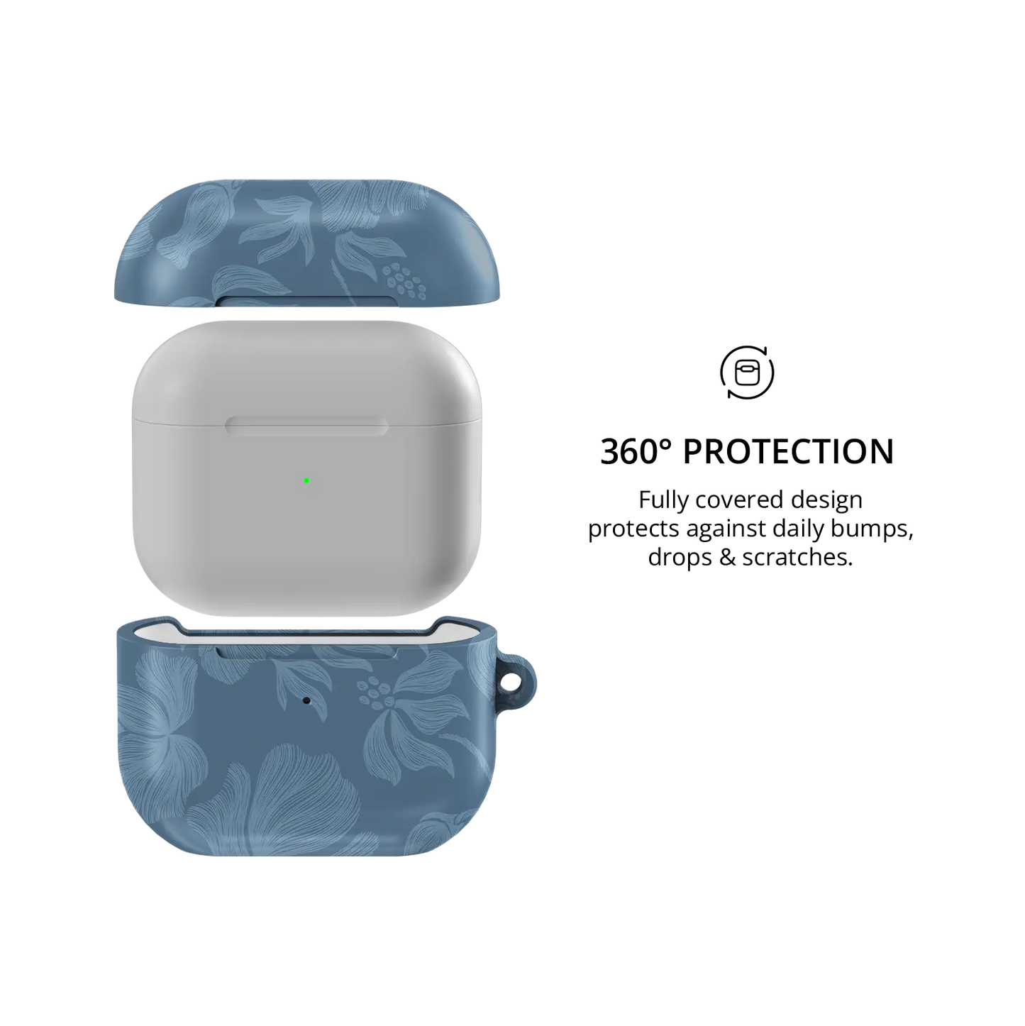 Cerulean AirPods case — front and back views highlighting full 360° protective coverage