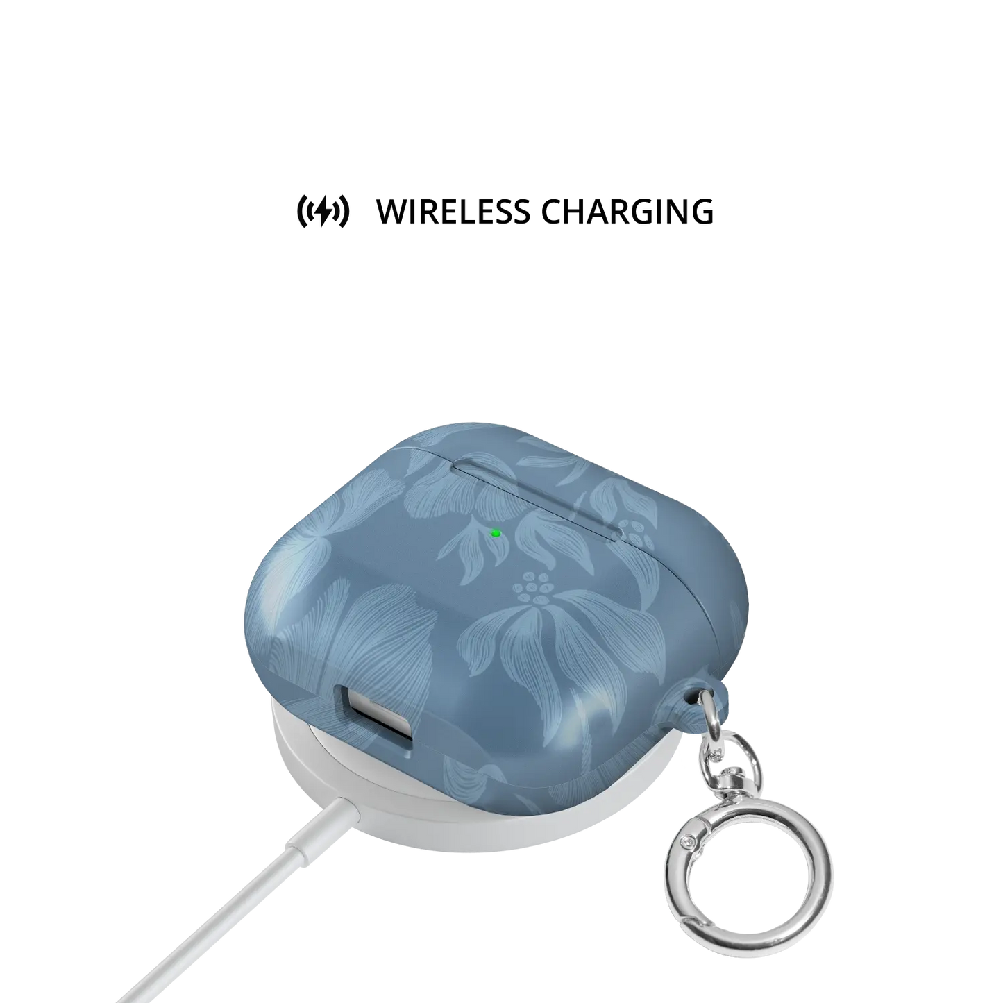 Cerulean AirPods case — shown on wireless charging pad, Qi compatible without removing case