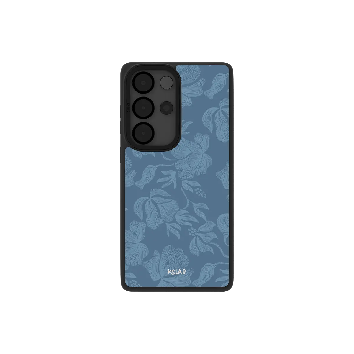 Dusty blue floral Samsung Galaxy case, back view with hand drawn botanicals on steel blue around the camera cutout