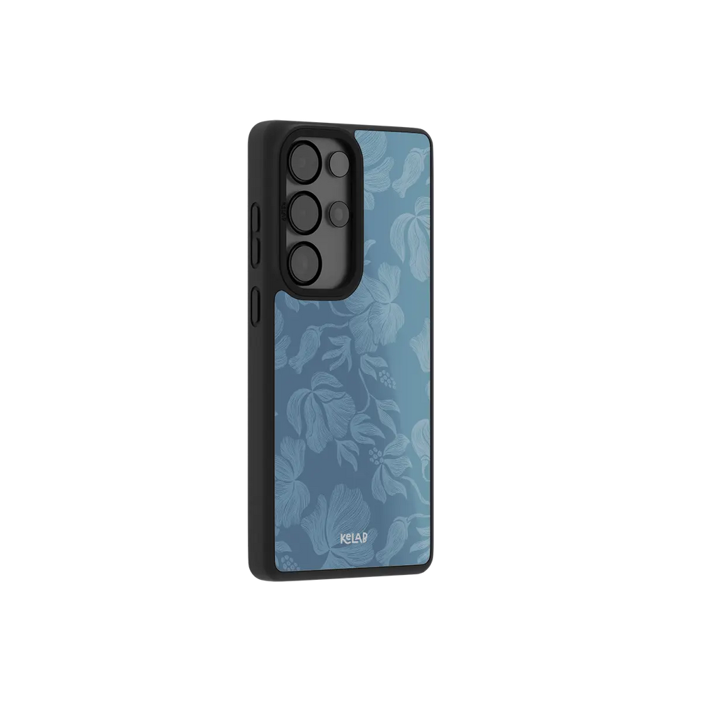 Dusty blue floral Samsung Galaxy case at a side angle showing the wrapped button covers