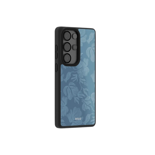 Dusty blue floral Samsung Galaxy case at a side angle showing the wrapped button covers