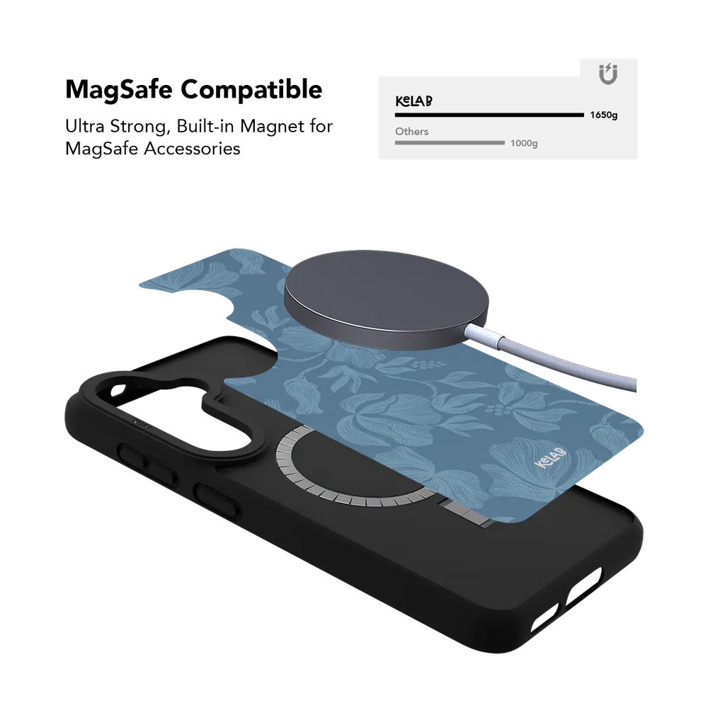 Dusty blue floral Samsung Galaxy case holding a magnetic wireless charger through the built in ring