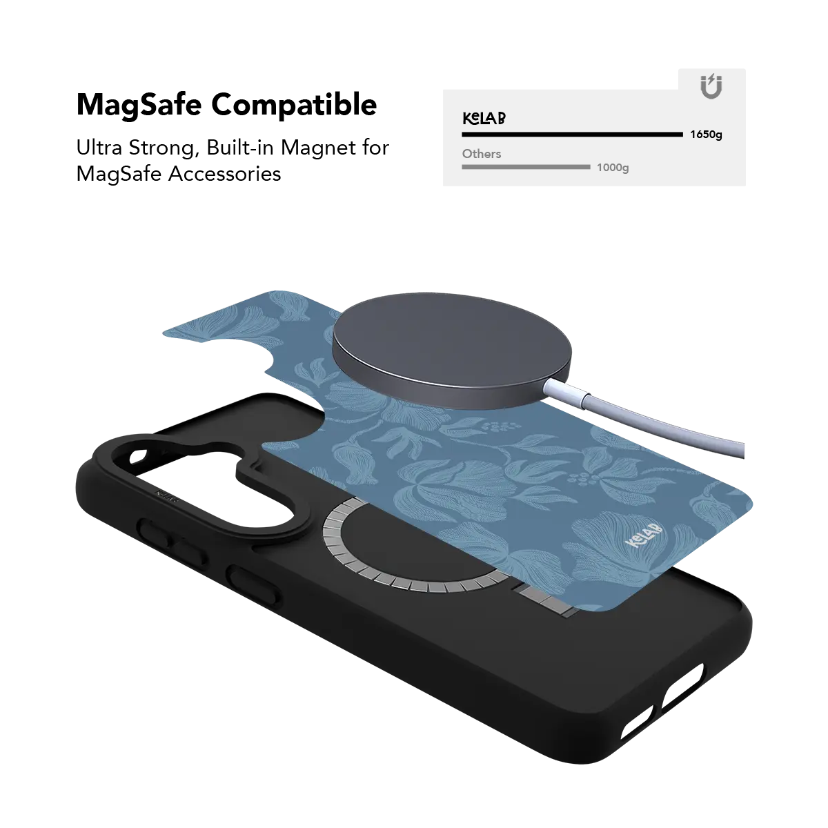 Dusty blue floral Samsung Galaxy case holding a magnetic wireless charger through the built in ring
