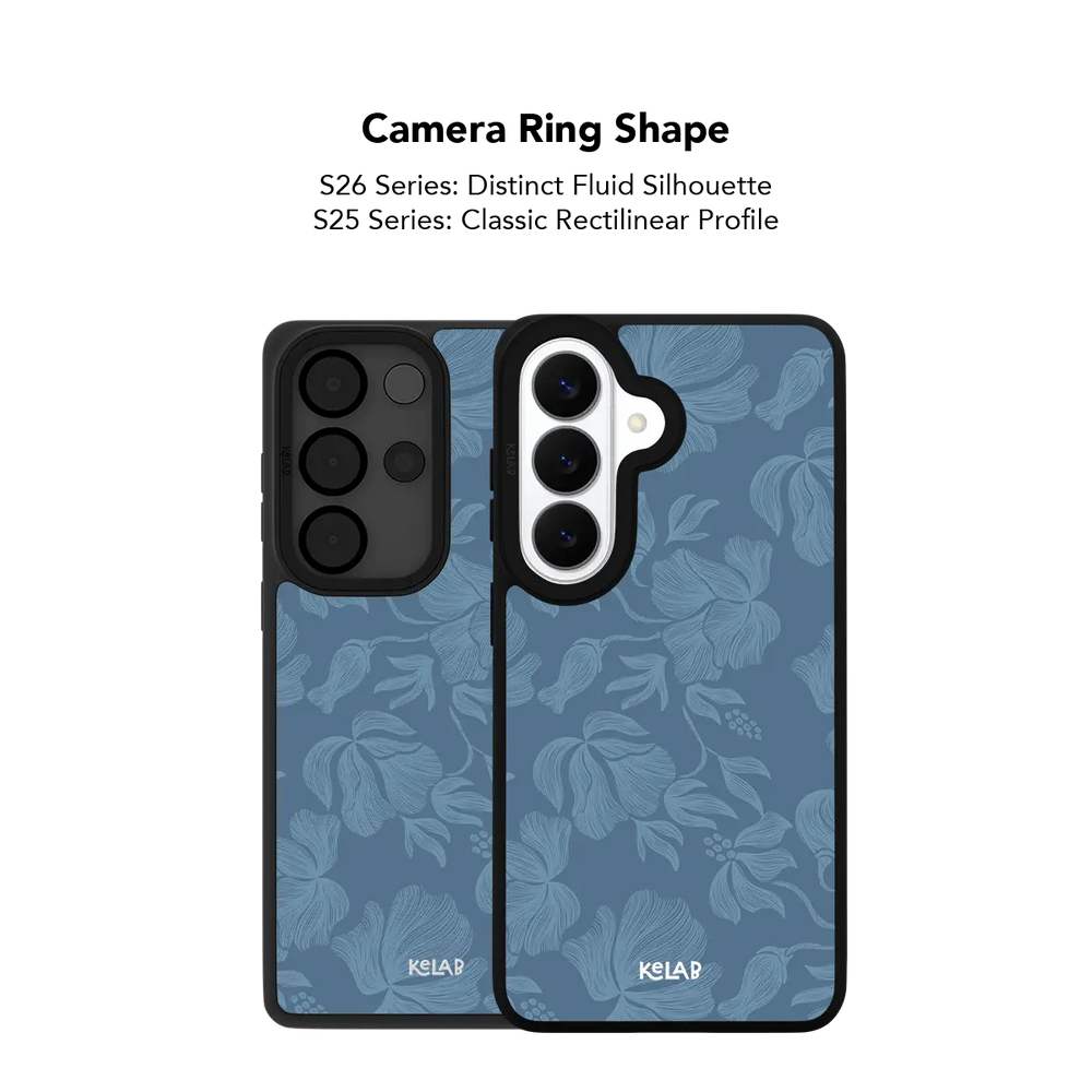 Close up of the camera ring cutout on the dusty blue floral Samsung Galaxy case