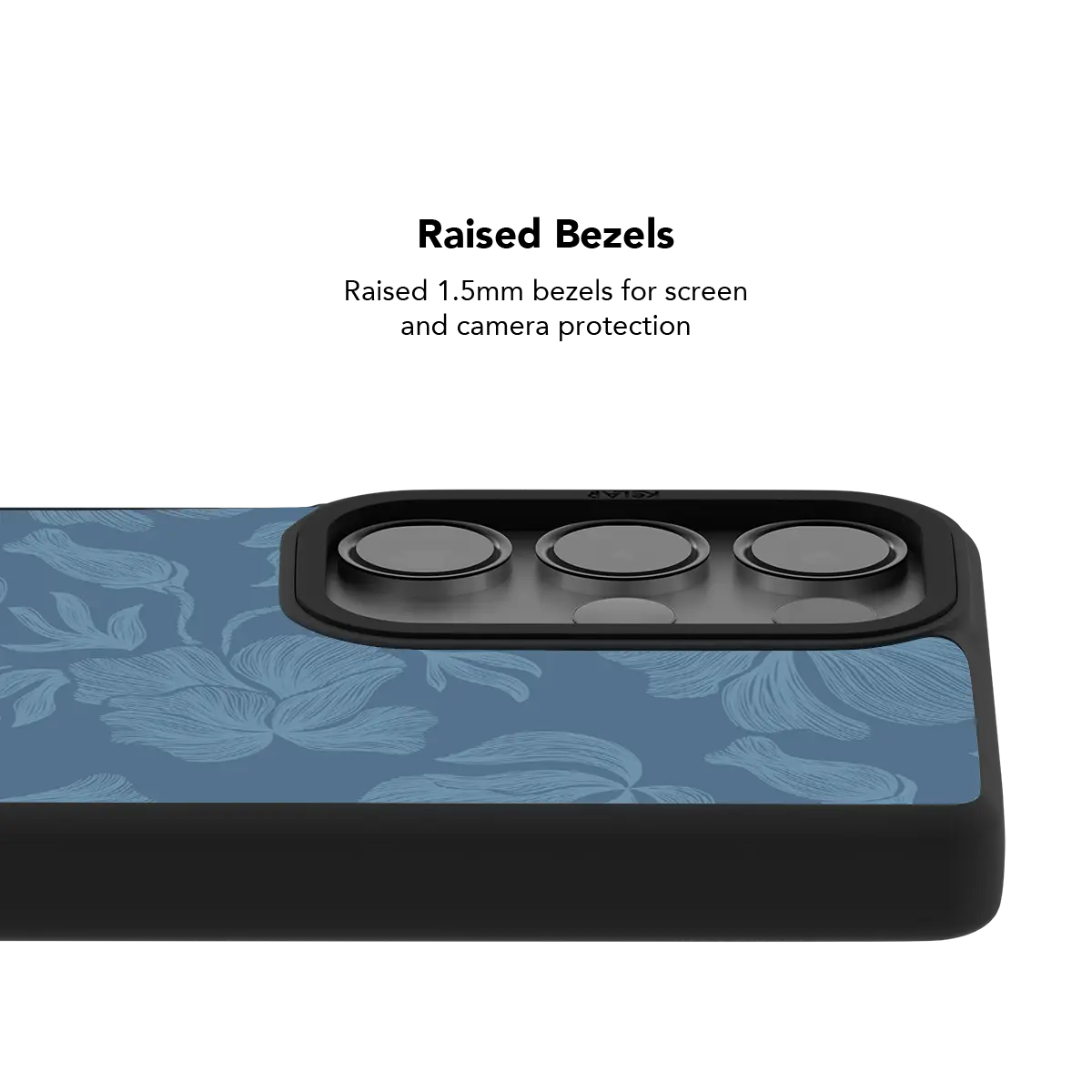 Raised bezel on the dusty blue floral Galaxy case lifting the camera lenses clear of a flat surface