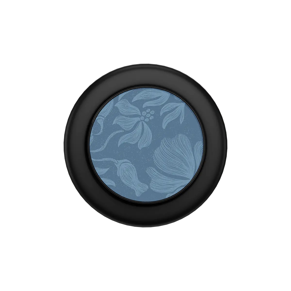 Black MagSafe phone grip with blue botanical sketch and built-in strong magnets.