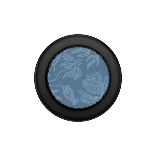 Black MagSafe phone grip with blue botanical sketch and built-in strong magnets.