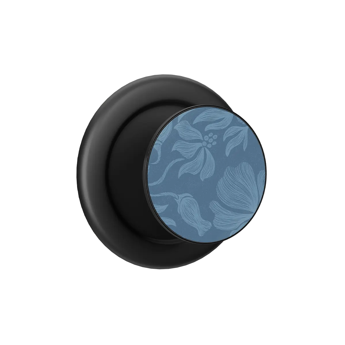 Black MagSafe phone grip with blue botanical sketch pop grip top and built-in strong magnets.
