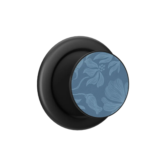 Black MagSafe phone grip with blue botanical sketch pop grip top and built-in strong magnets.