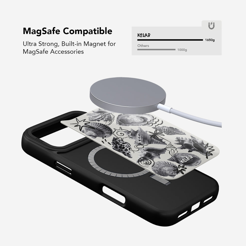 Seashell Sketch Phone Case | Black and White with built-in MagSafe magnet, featuring detailed oyster and ocean life illustrations for iPhone.