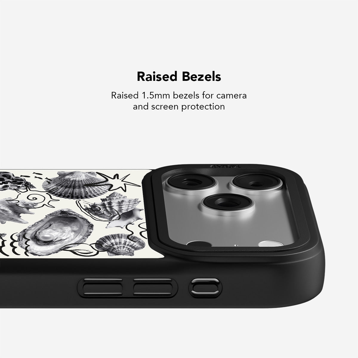 Seashell Sketch Phone Case | Black and White features raised 1.5mm bezels for camera and screen protection. Detailed oyster and starfish design.