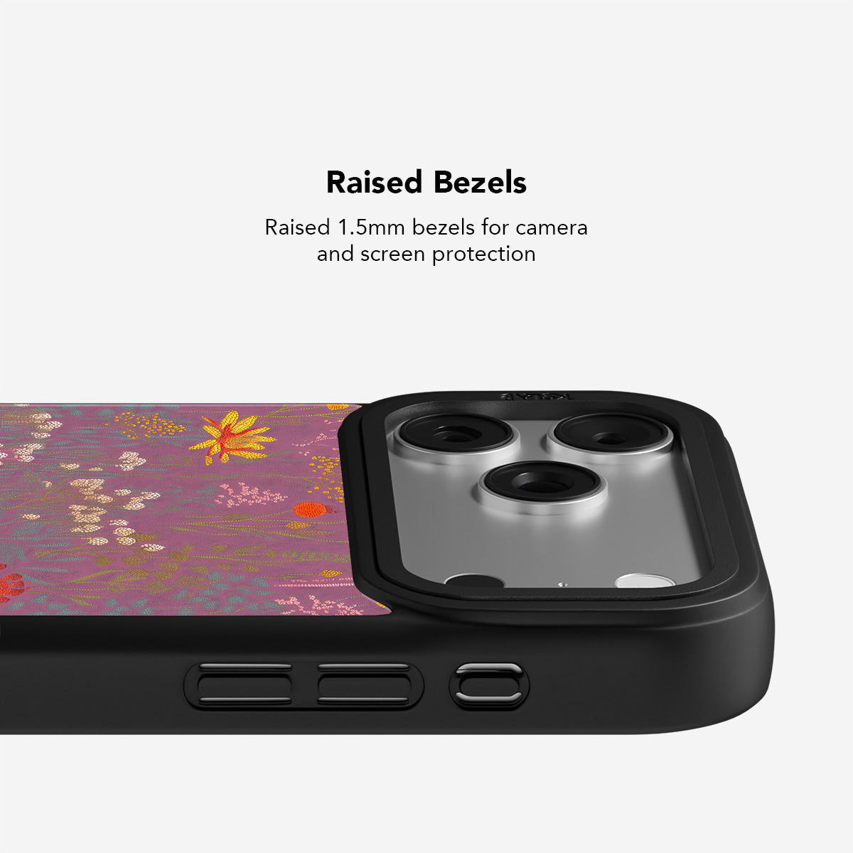 Dusty Pink Wildflower Meadow iPhone Case with raised 1.5mm bezels for enhanced camera and screen protection, featuring orange and cream floral design.