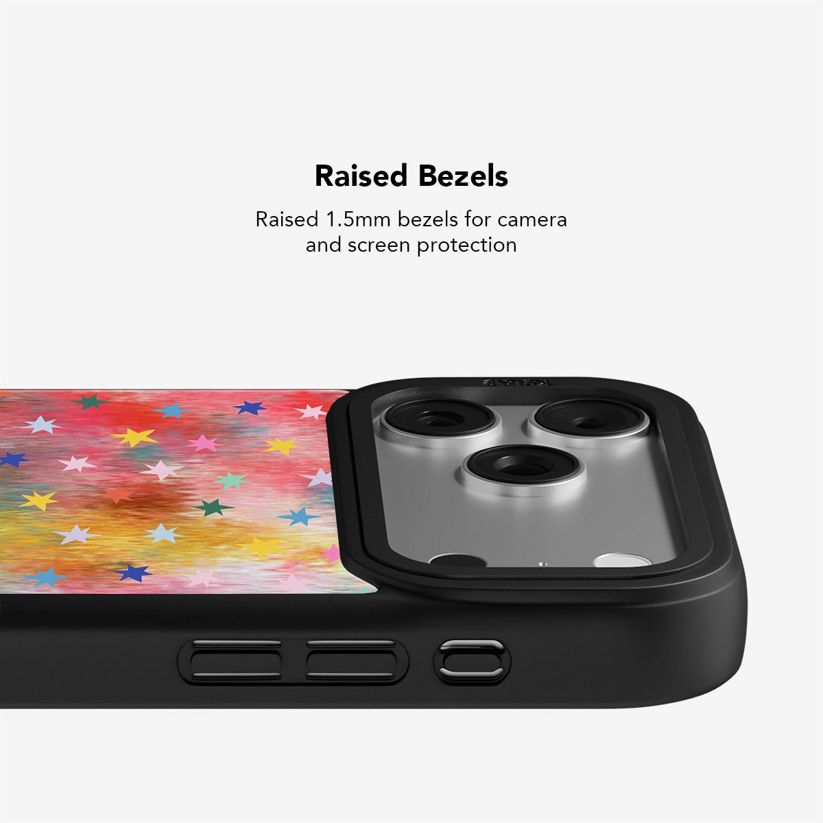 iPhone Case with raised 1.5mm bezels for enhanced camera and screen protection, shown on a colorful starry background.