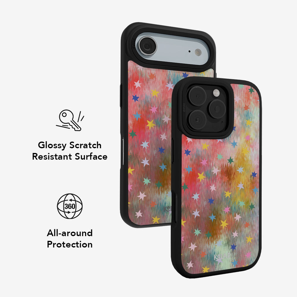 Starlit Nebula classic phone case with multicolored stars on a glossy, scratch-resistant surface. Offers 360° all-around protection for smartphones.