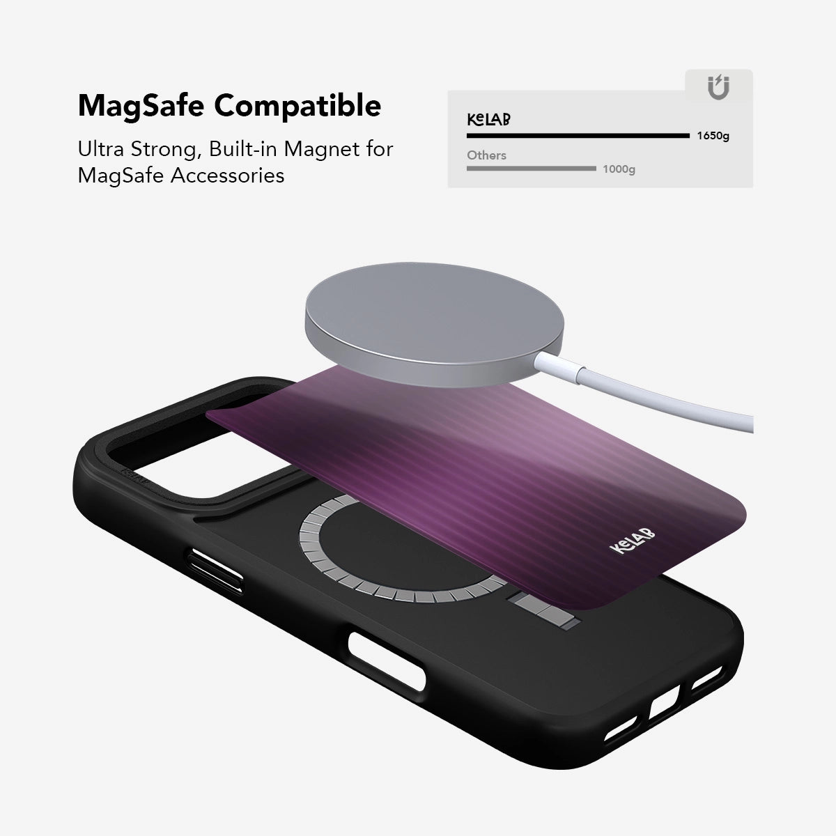 MagSafe compatible phone case with ultra-strong built-in magnet for seamless accessory attachment.