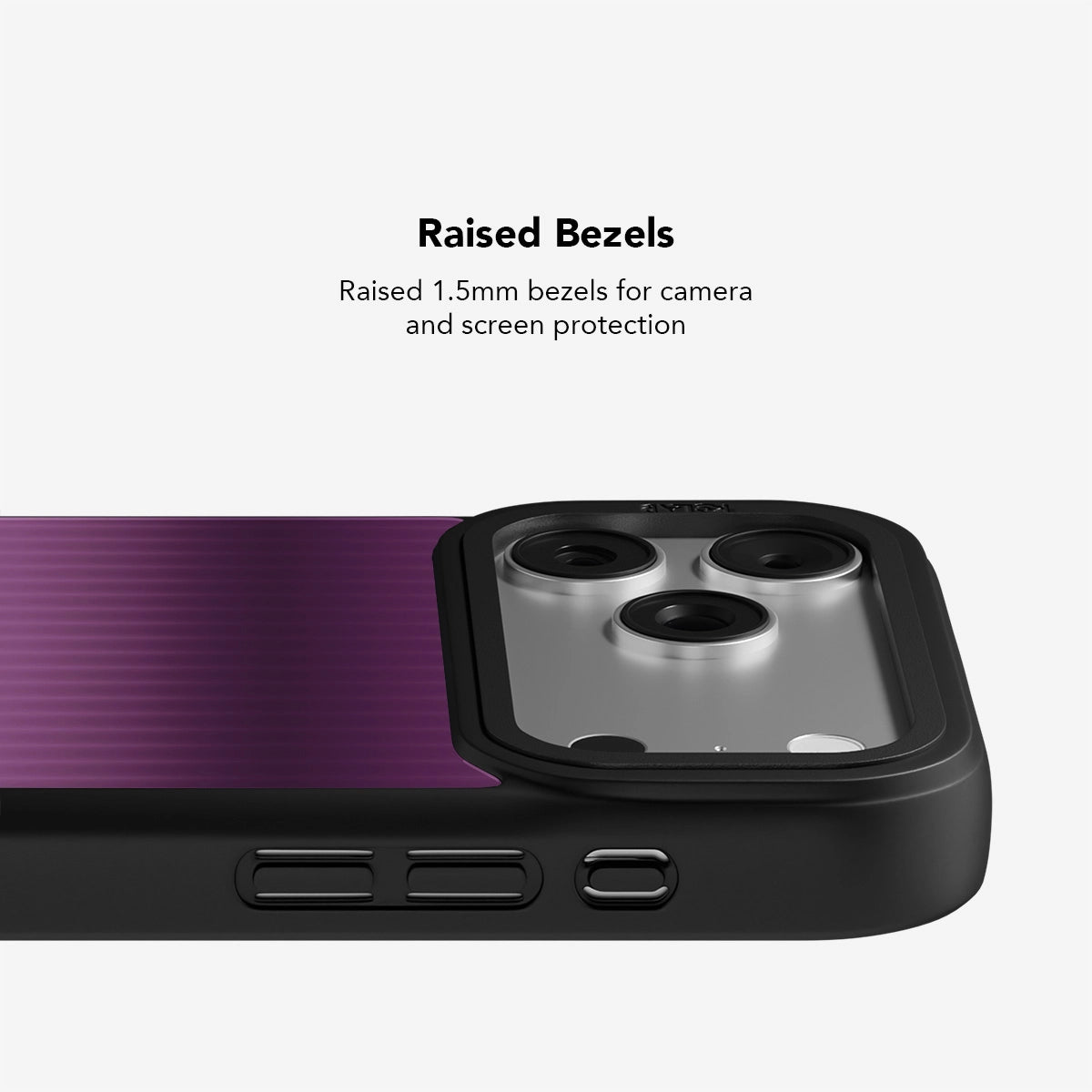 Purple phone case with raised 1.5mm bezels for enhanced camera and screen protection.
