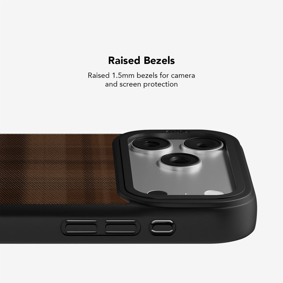 Brown textured iPhone case with raised 1.5mm bezels for camera and screen protection.