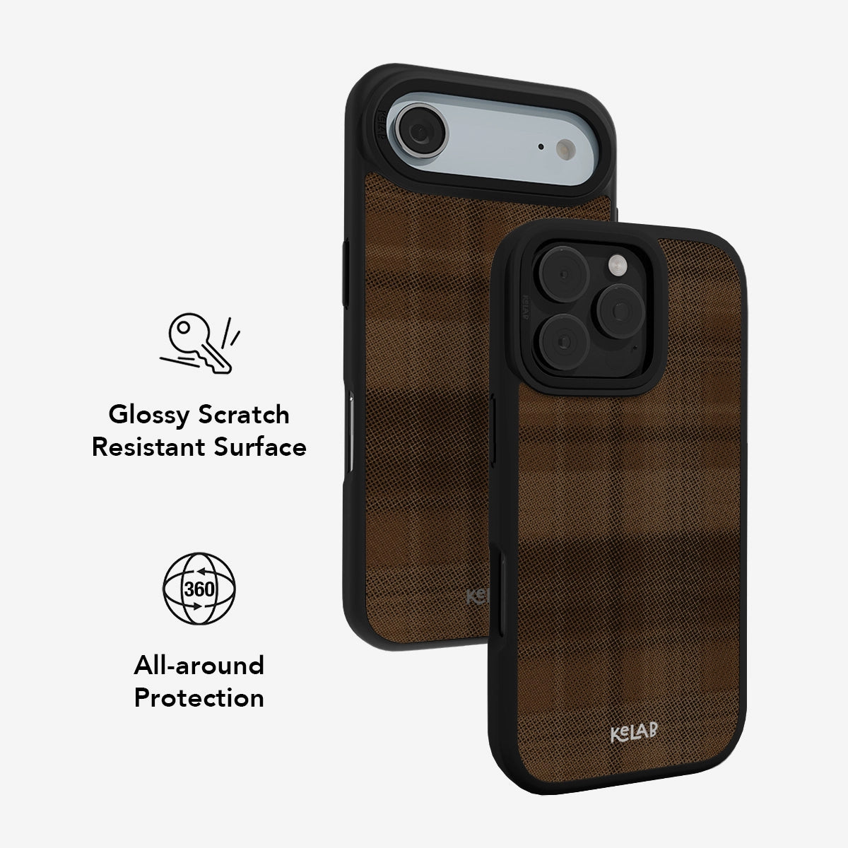 Brown plaid design phone case with glossy scratch-resistant surface and 360 all-around protection.