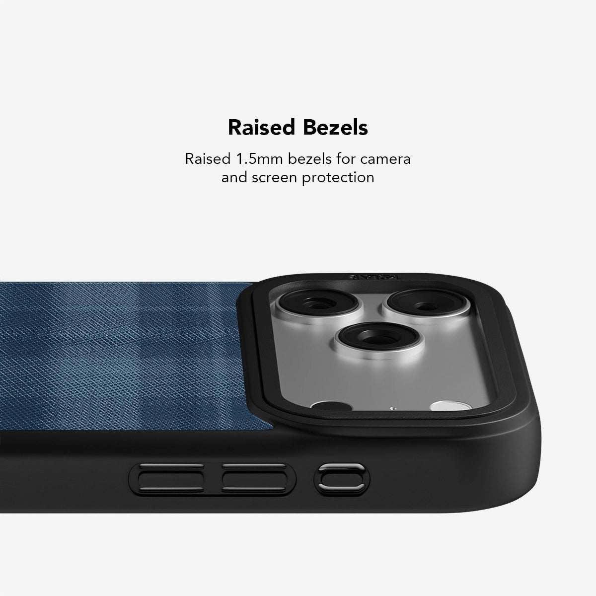 Stylish navy phone case with raised 1.5mm bezels for camera and screen protection, durable design.