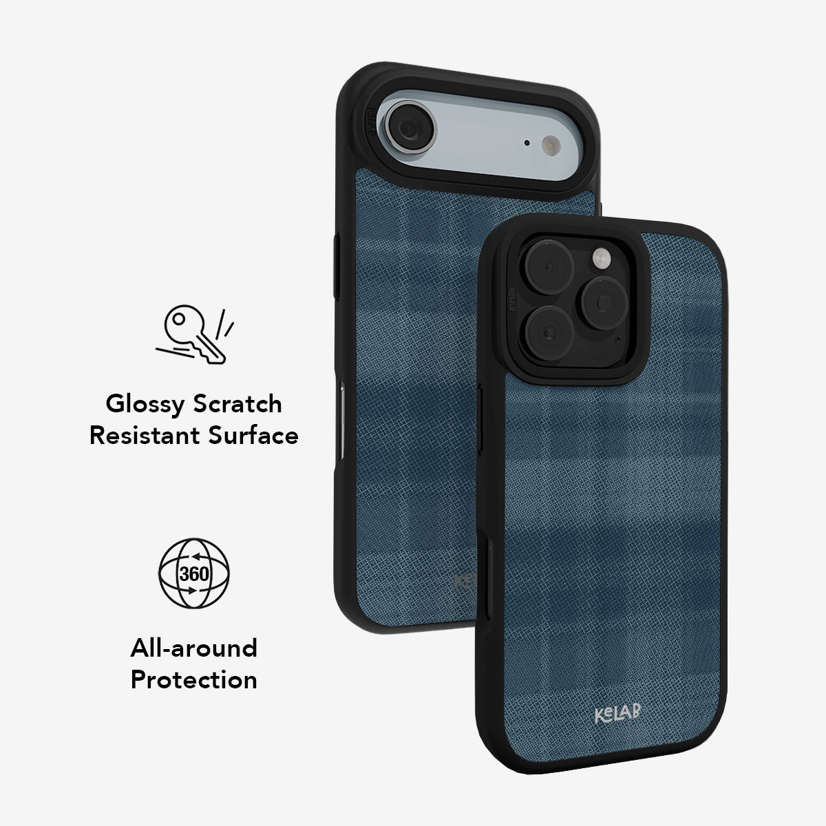 Blue plaid iPhone case with glossy scratch-resistant surface and 360 all-around protection.