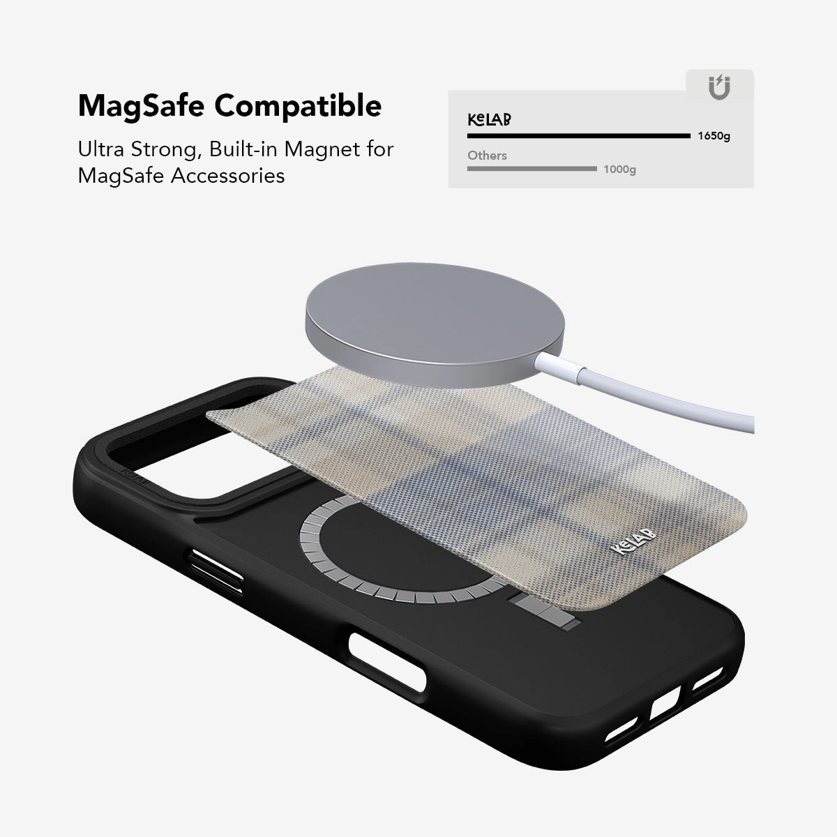MagSafe compatible Oatmilk Flannel iPhone Case with built-in magnet and plaid cover, designed for strong magnetic accessory support.