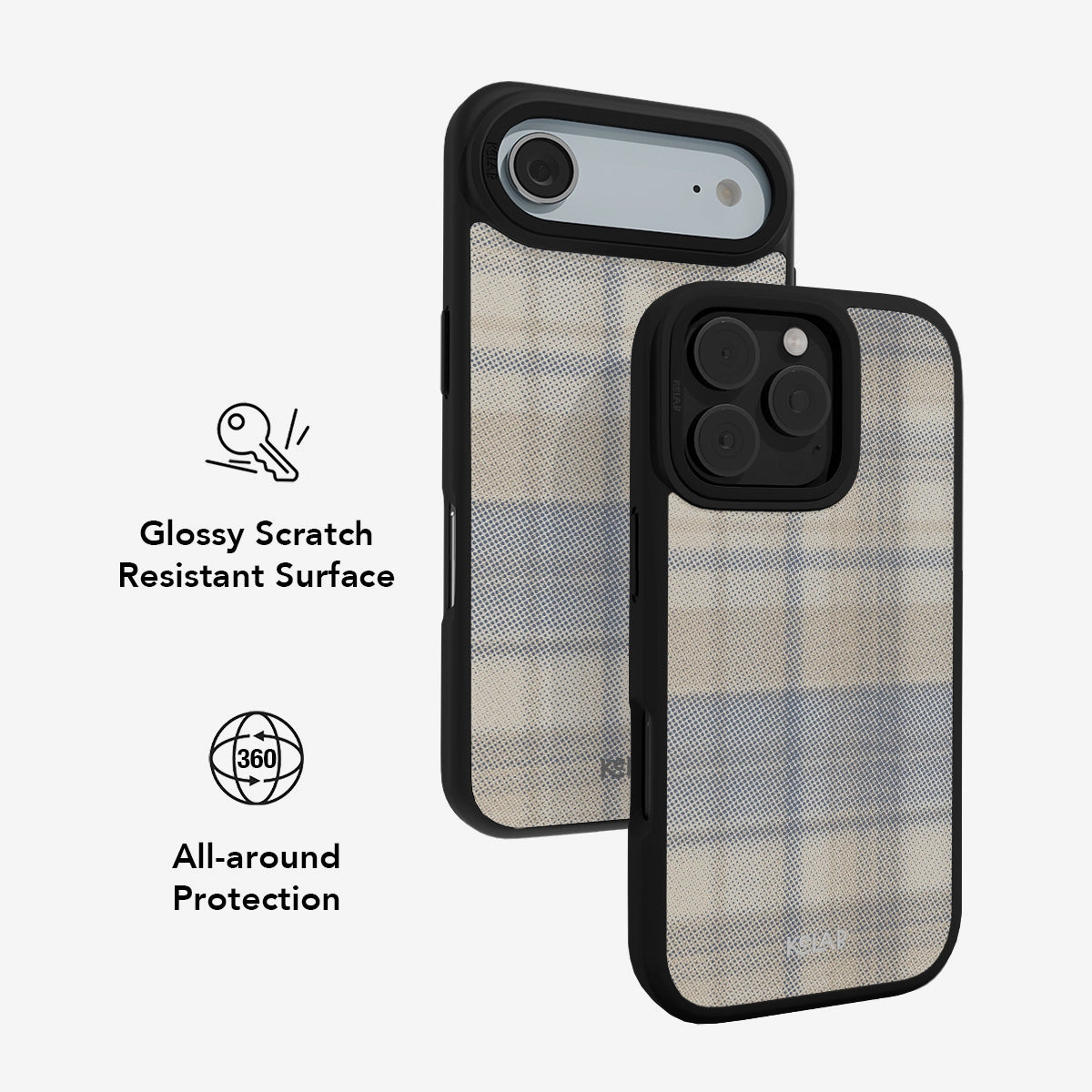 Glossy scratch-resistant Oatmilk iPhone Case with full 360° protection and plaid design, ideal for minimalist and casual styles.
