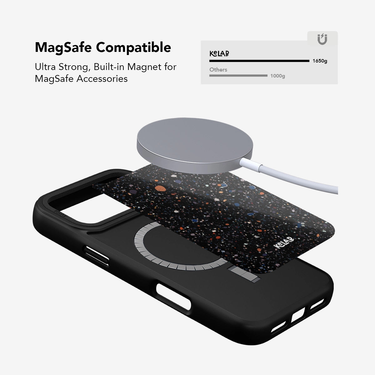 Black phone case with MagSafe compatibility, featuring an ultra-strong built-in magnet for accessories.