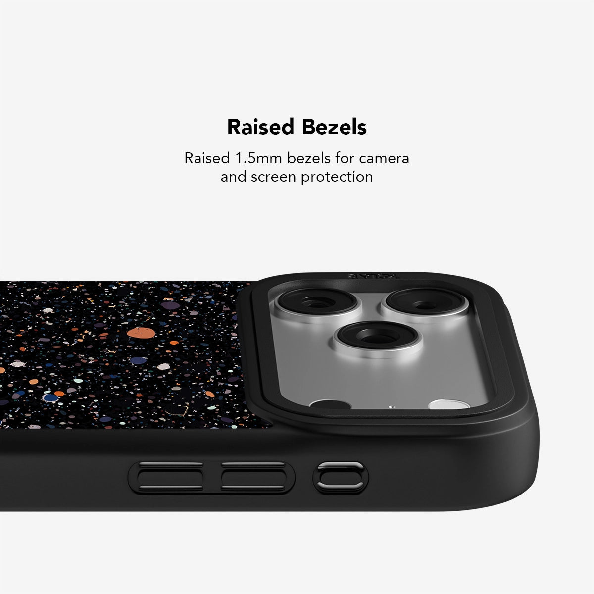 Black and speckled phone case with raised 1.5mm bezels for enhanced camera and screen protection.
