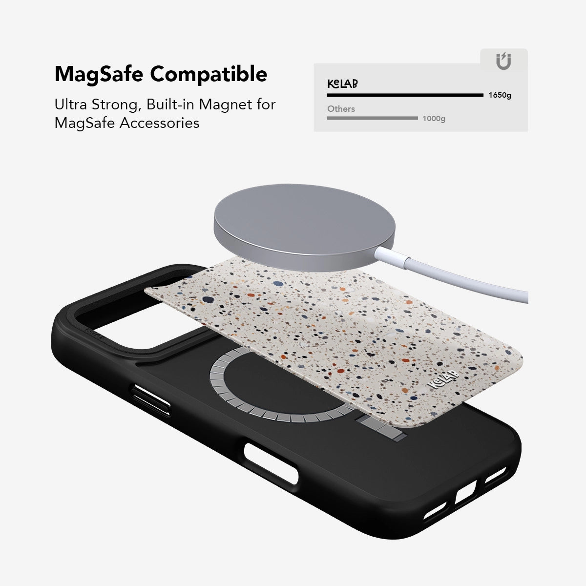 MagSafe compatible phone case with a built-in ultra strong magnet, featuring a stylish speckled design.