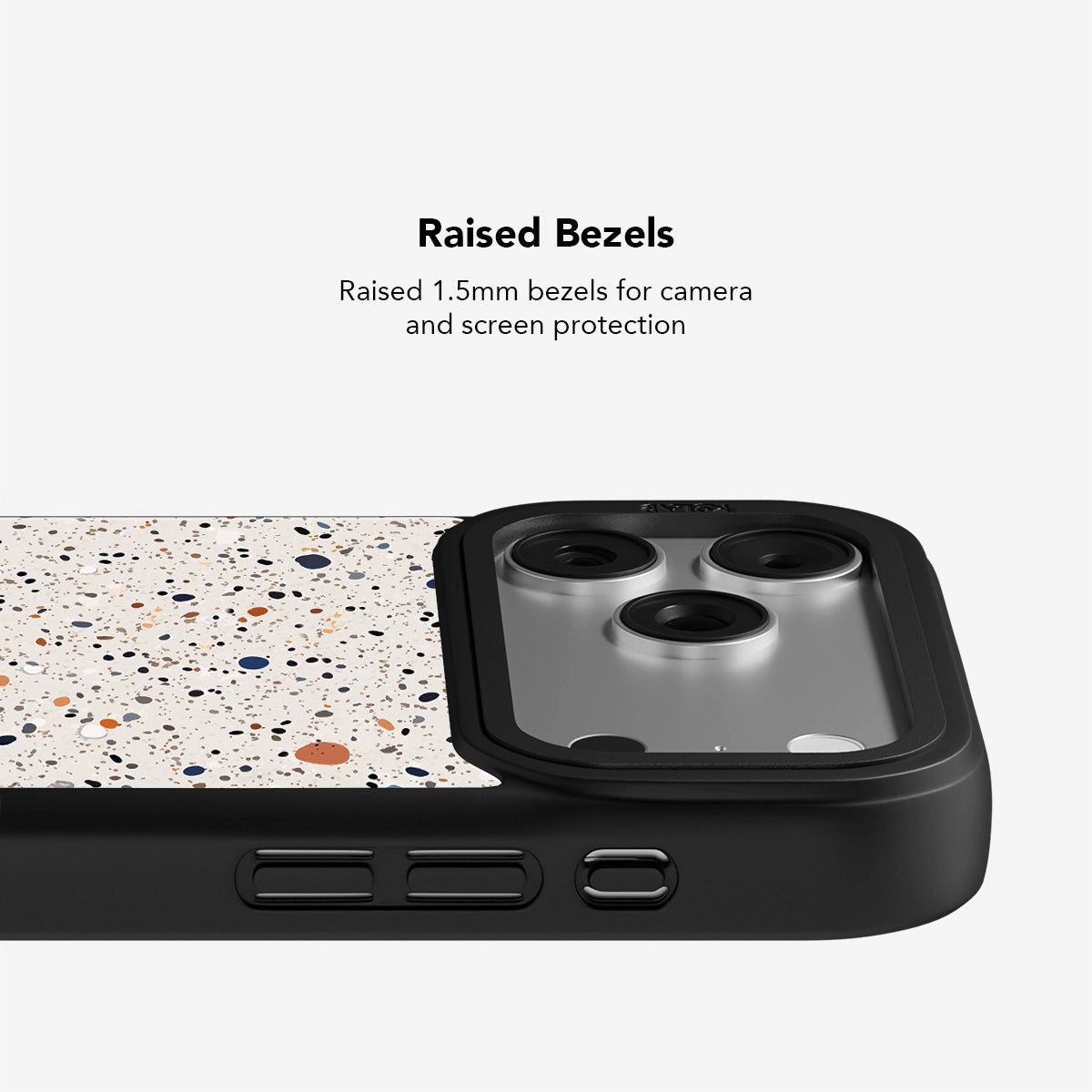 Speckled pattern phone case with raised 1.5mm bezels for camera and screen protection, black edges.