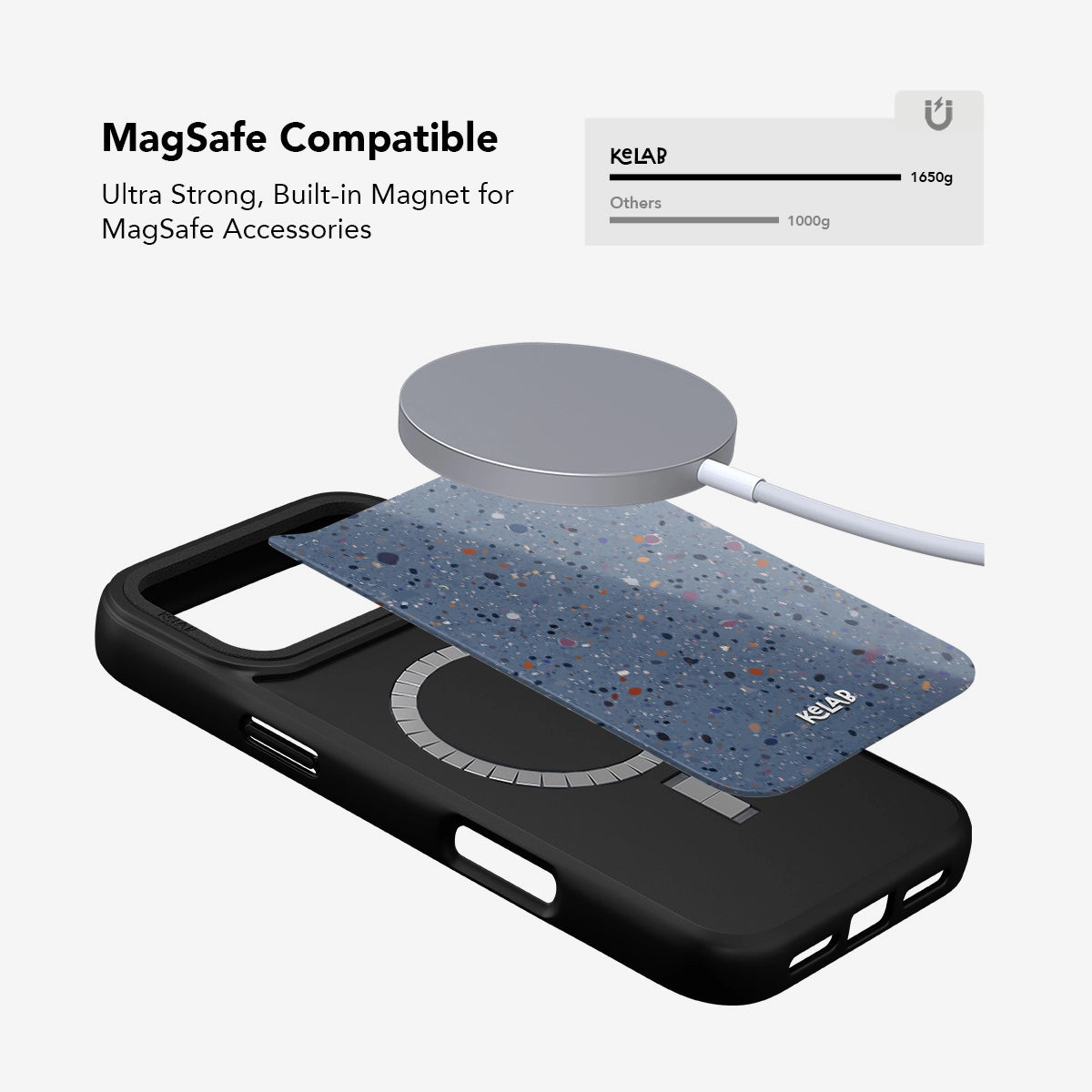 Black smartphone case with ultra-strong built-in magnet, compatible with MagSafe accessories.