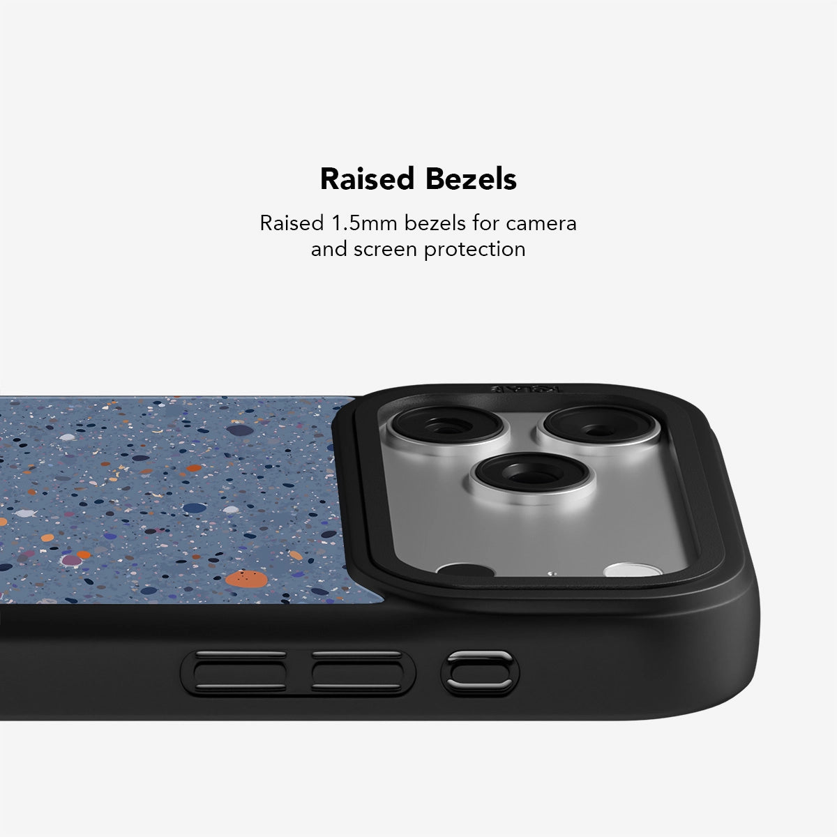 Durable phone case with raised 1.5mm bezels, blue speckled design for camera and screen protection.