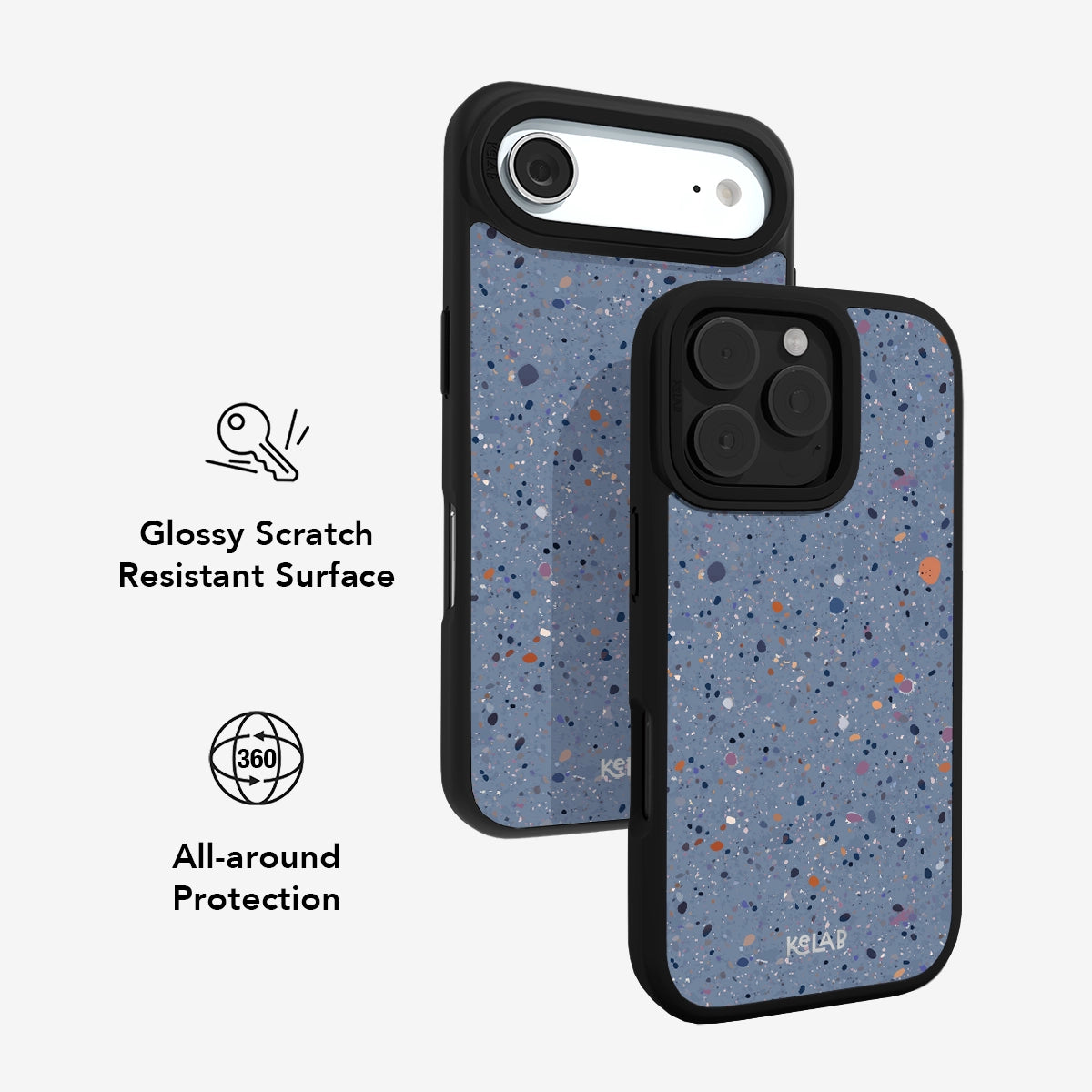 Blue speckled phone case with glossy scratch-resistant surface and all-around protection for iPhone.