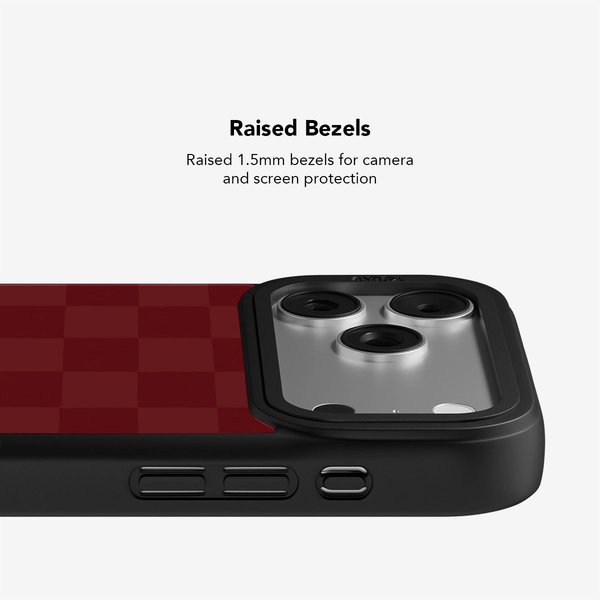 Red checker-patterned phone case with raised bezels for camera and screen protection.