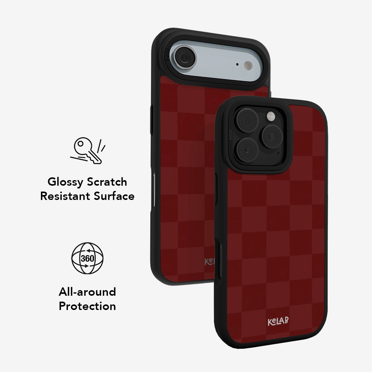 Red plaid iPhone case with glossy scratch-resistant surface and 360-degree protection.