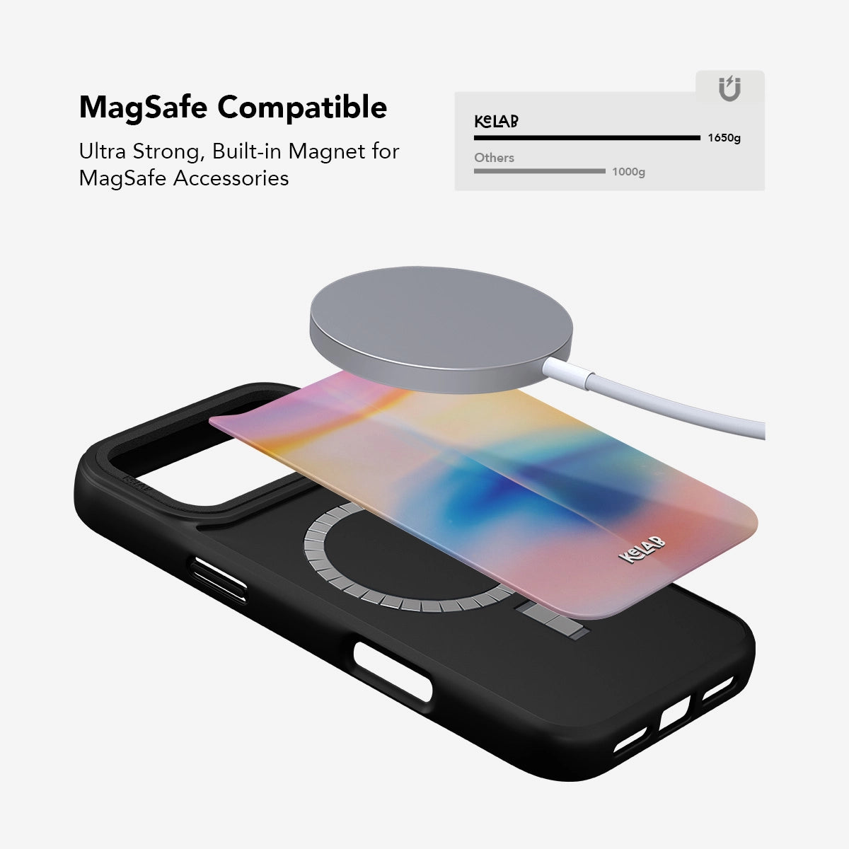 MagSafe compatible phone case, ultra strong built-in magnet, sleek black design, ideal for accessories.