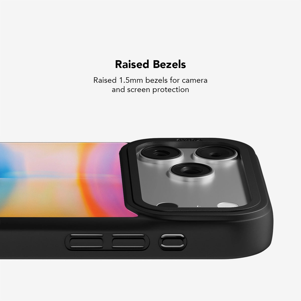 Colorful phone case with raised 1.5mm bezels for camera and screen protection, durable material and sleek design.