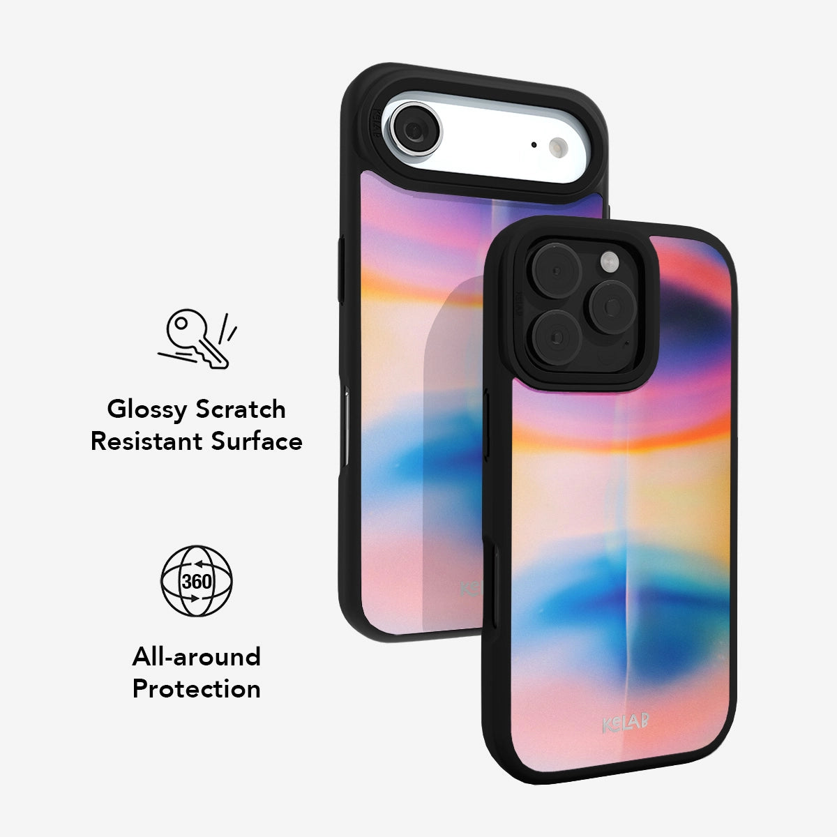 Colorful glossy iPhone case with scratch-resistant surface and 360° all-around protection.