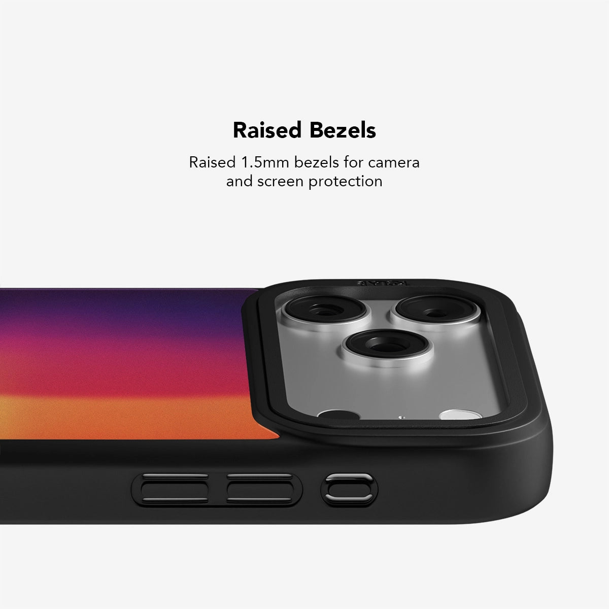 Colorful phone case with raised 1.5mm bezels for camera and screen protection.