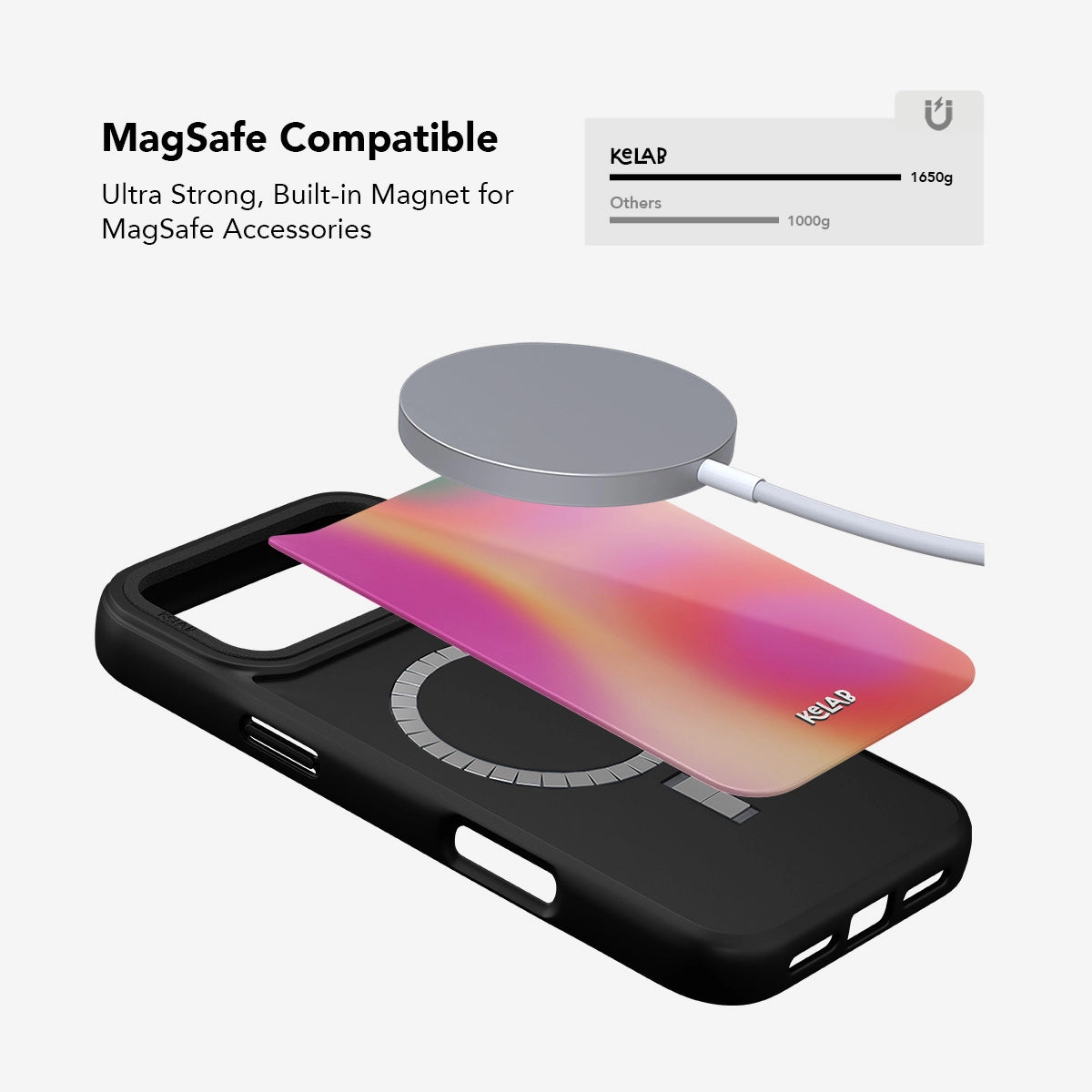 Black MagSafe compatible phone case with built-in ultra-strong magnet for secure attachment to accessories.