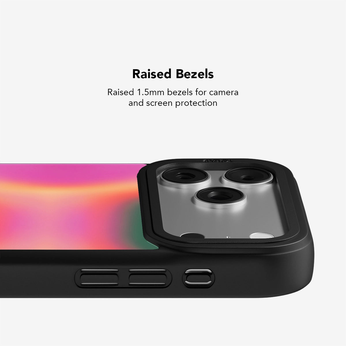 Black phone case with raised 1.5mm bezels for enhanced camera and screen protection.
